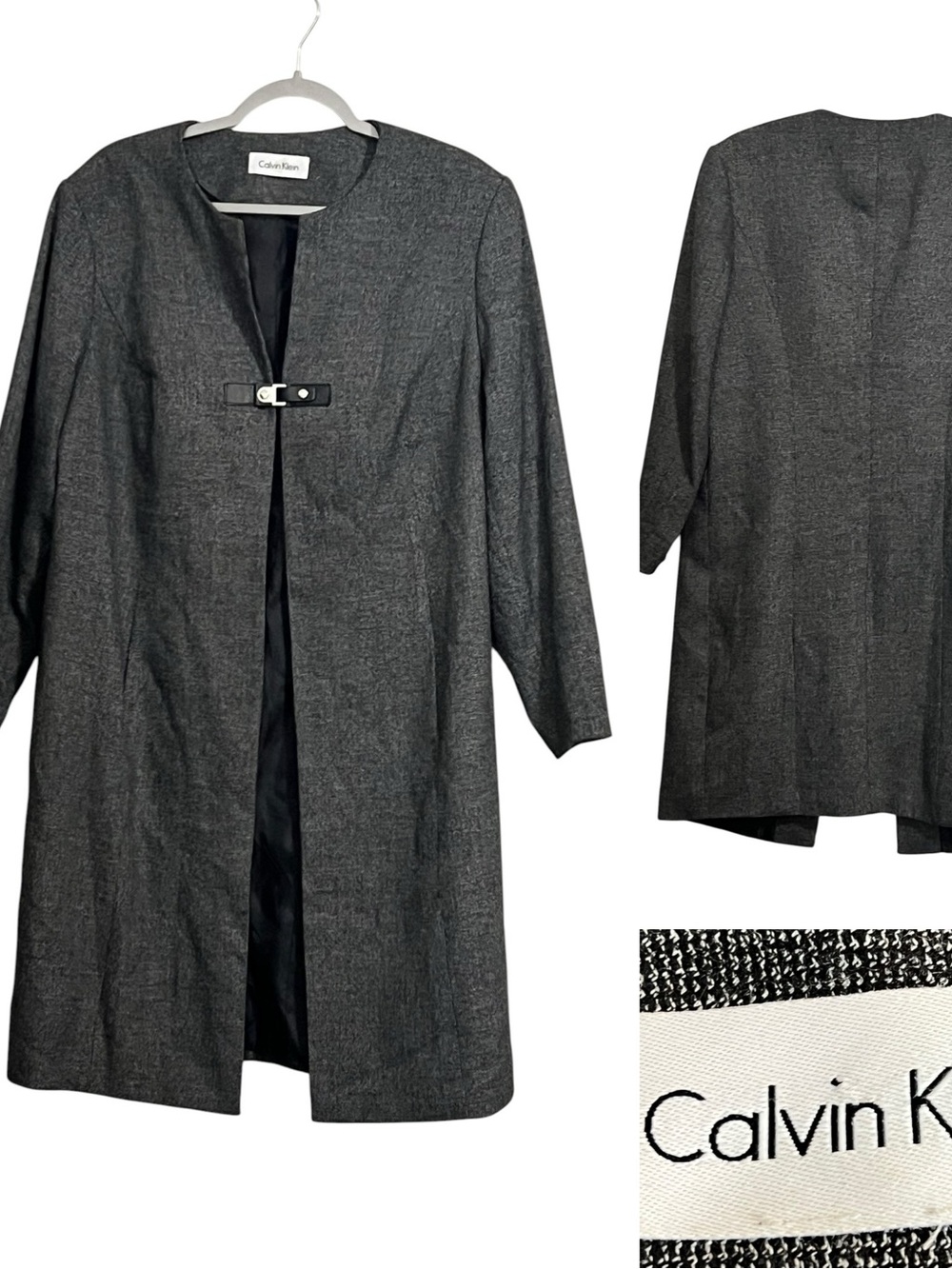 Calvin Klein Coat‎ Dress jacket sz 18 Gray Collarless Long w/ Decorative Clasp